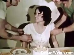 Vintage Porn With Birthday Girl Brunette Getting Fucked In Her Hairy Pussy By Two Cocks
